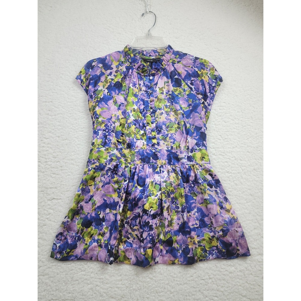 Apt. 9 Babydoll Top Blouse Womens PL Purple Watercolor Floral Cap Sleeve Petite
